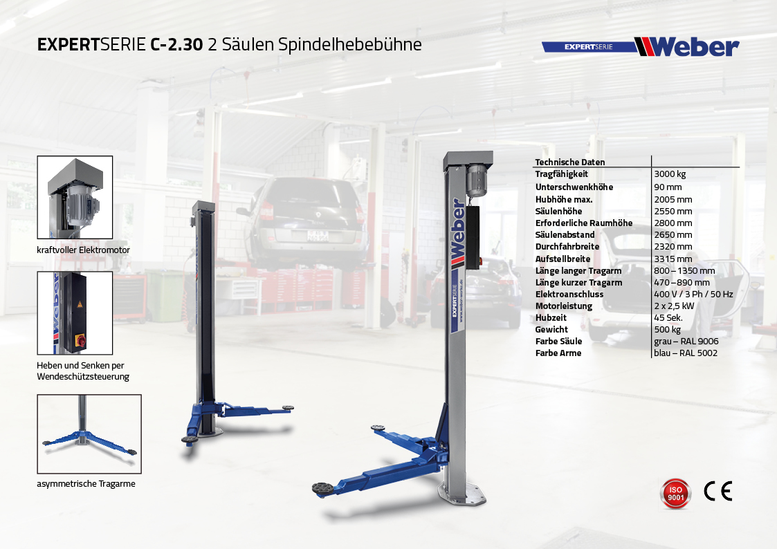2 Säulen "Spindel" Hebebühne Weber Expert Serie C-2.30 inkl. Anker, Spindelöl und Öler