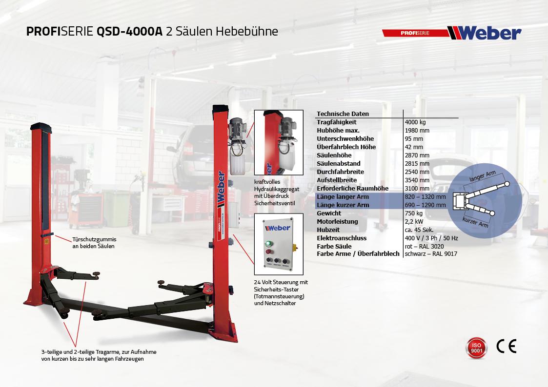 2 Säulen Hebebühne Weber Profi Serie QSD-4000A inkl. Anker und Öl