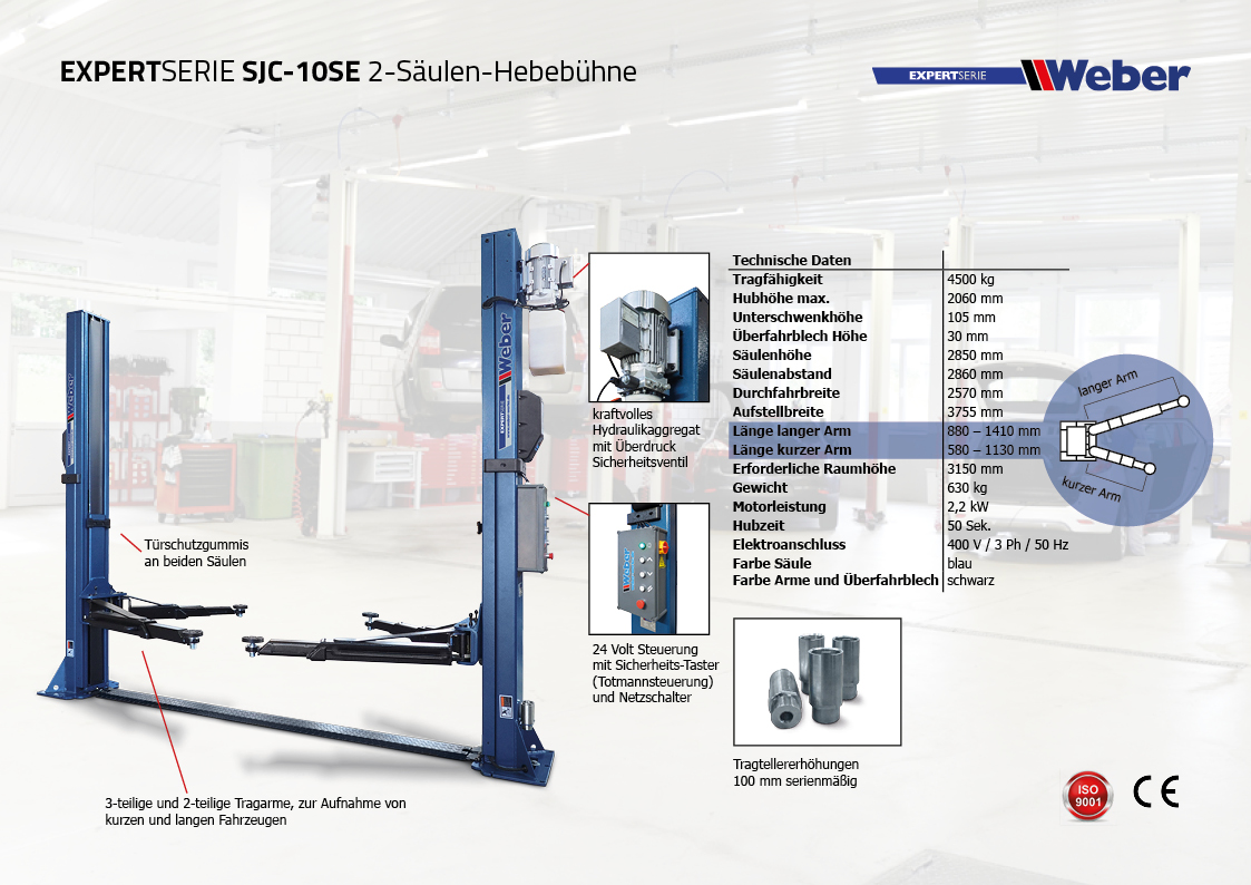 2 Säulen Hebebühne Weber Expert Serie SJC-10SE inkl. Werkstattwagen 154-teilig