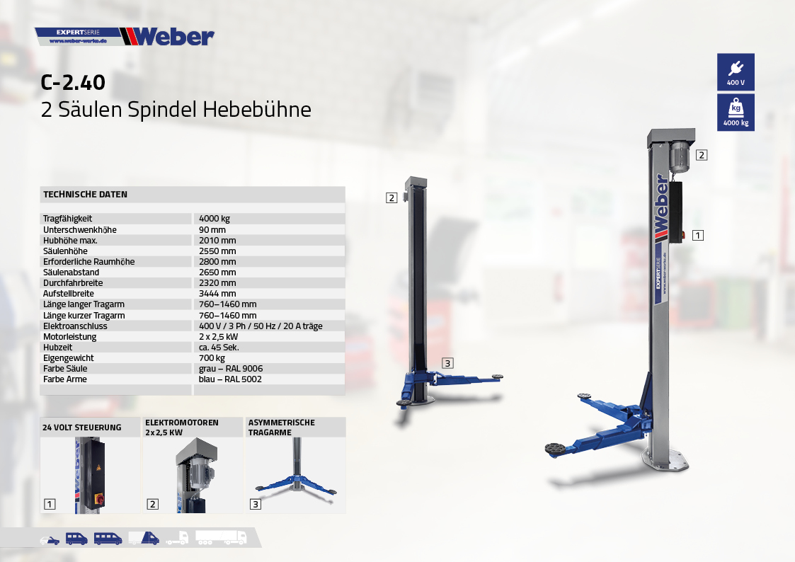 2 Säulen "Spindel" Hebebühne Weber Expert Serie C-2.40