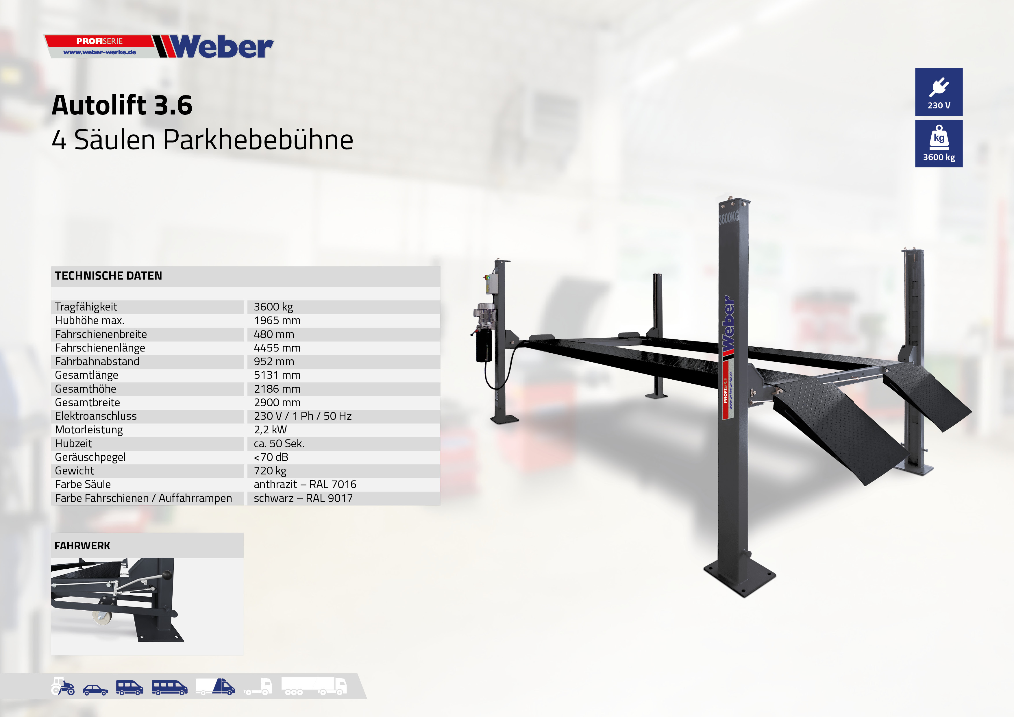Mobile 4 Säulen Hebebühne - Weber Profi Serie Autolift 3.6