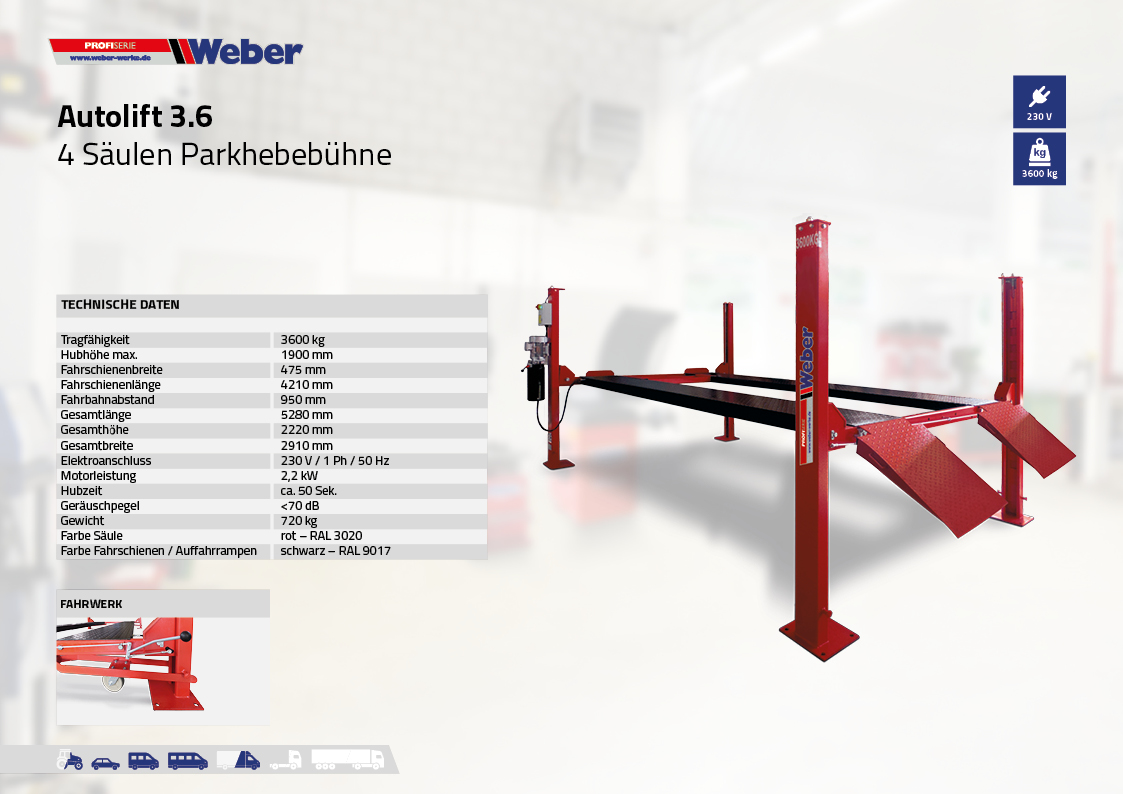 Mobile 4 Säulen Hebebühne - Weber Profi Serie Autolift 3.6