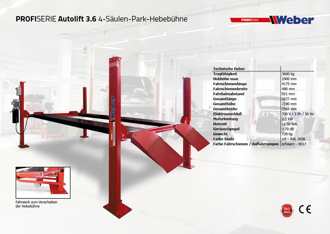 Mobile 4 Säulen Hebebühne - Weber Profi Serie Autolift 3.6