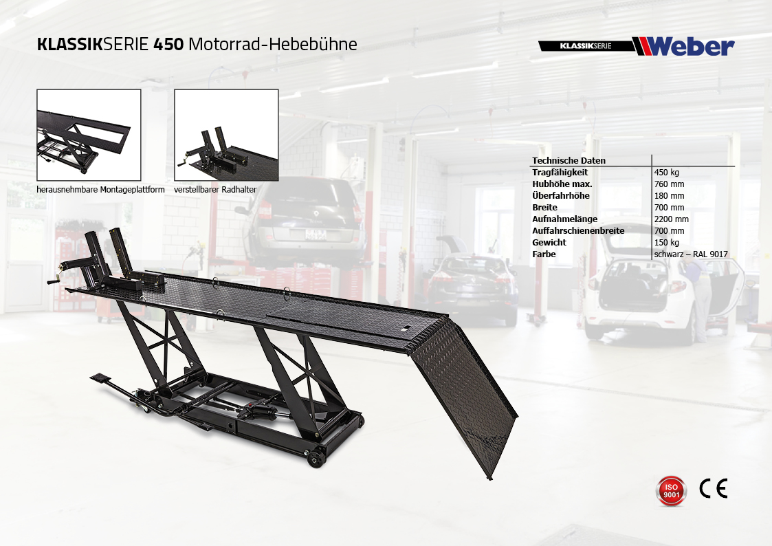 Weber Motorradhebebühne MC2 mit 680kg Tragkraft und Aggregat Motorradhebebühne Weber Klassik Serie 450
