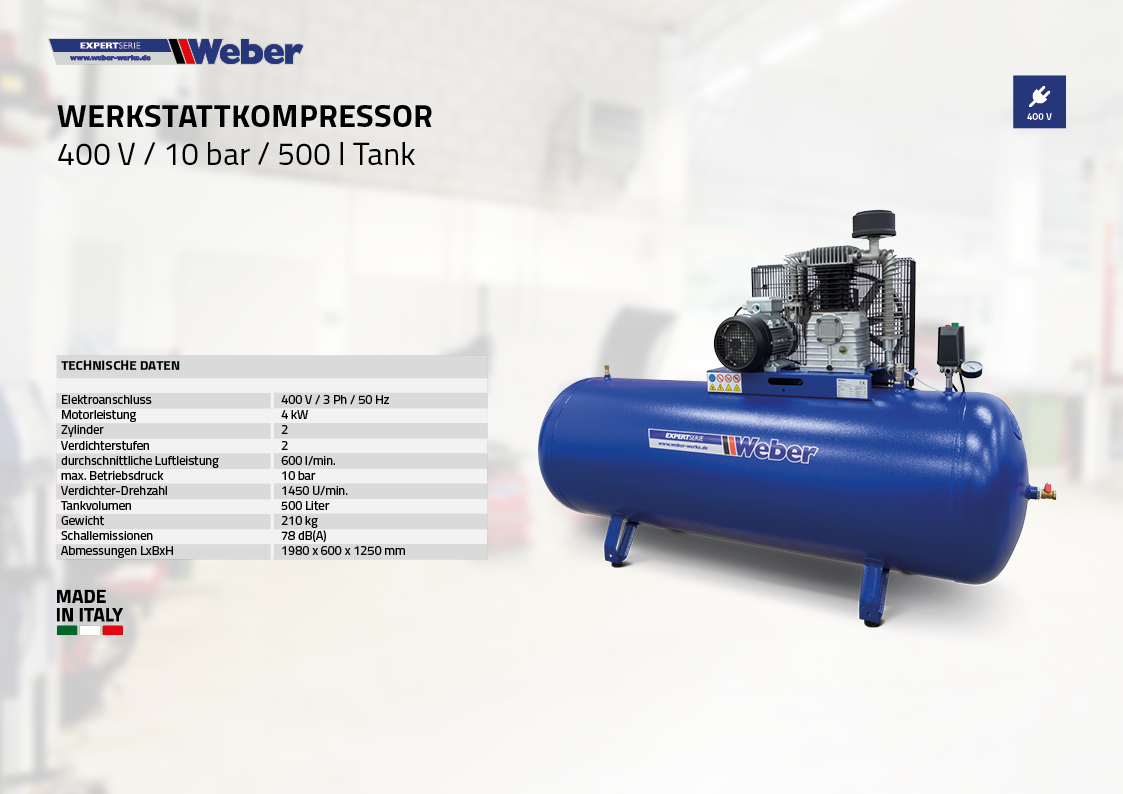 Werkstattkompressor 400 V / 10 bar / 500 l Tank