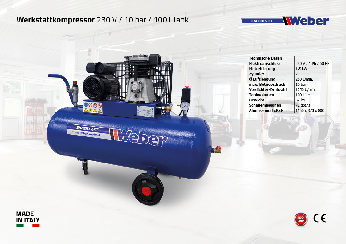 Werkstattkompressor 230 V / 10 bar / 100 l Tank