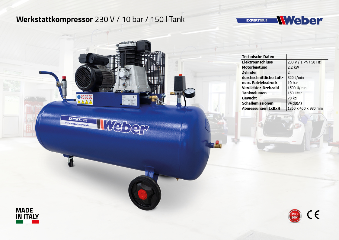 Werkstattkompressor 230 V / 10 bar / 150 l Tank