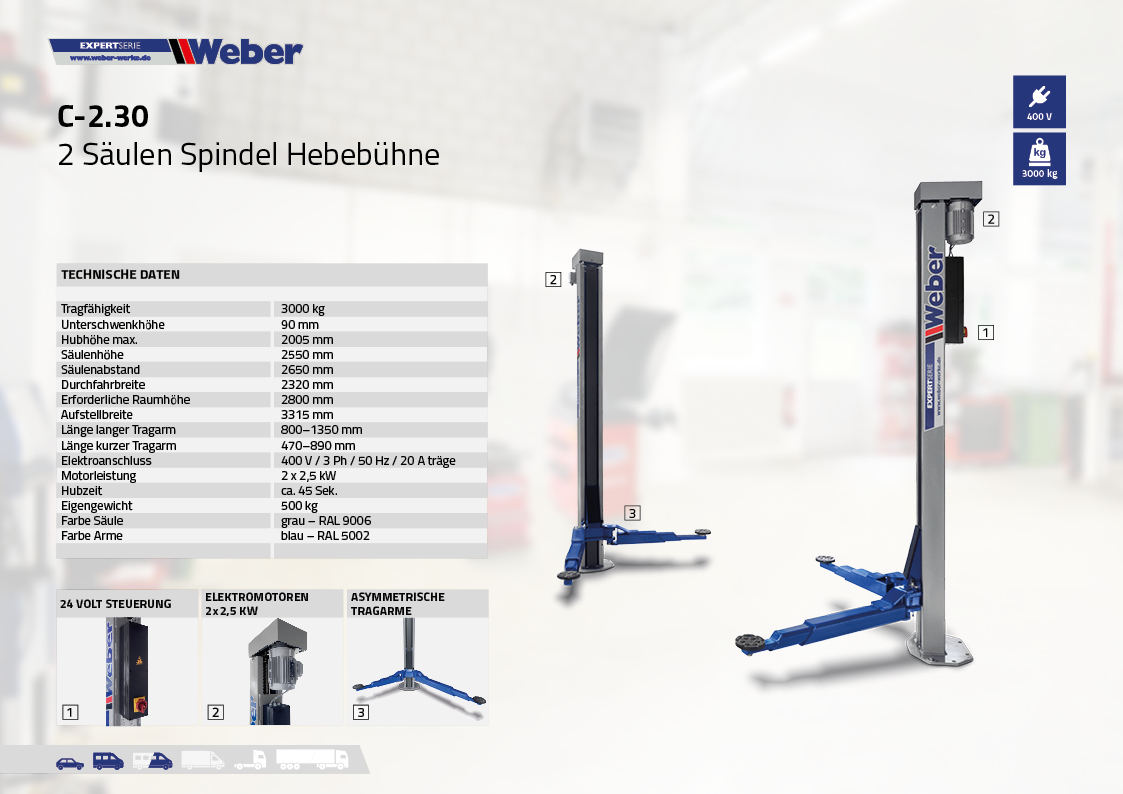 2 Säulen "Spindel" Hebebühne Weber Expert Serie C-2.30 inkl. Anker, Spindelöl und Öler