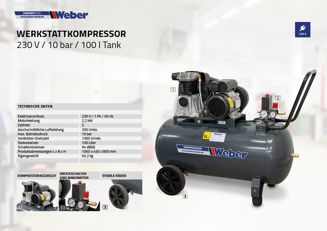 Werkstattkompressor 230 V / 10 bar / 100 l Tank
