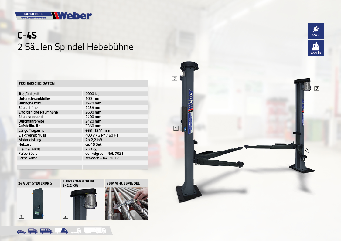 2 Säulen "Spindel" Hebebühne Weber Expert Serie C-4S