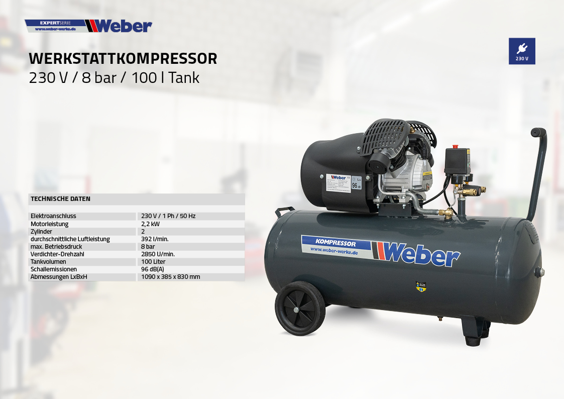 Werkstattkompressor 230 V / 8 bar / 100 l Tank